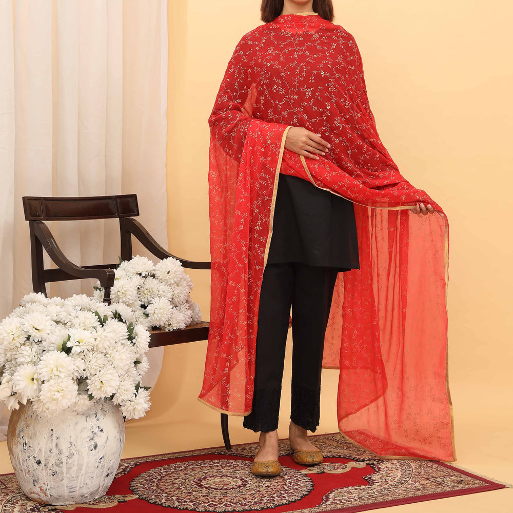 Red Screen Printed Chiffon Dupatta PD5394