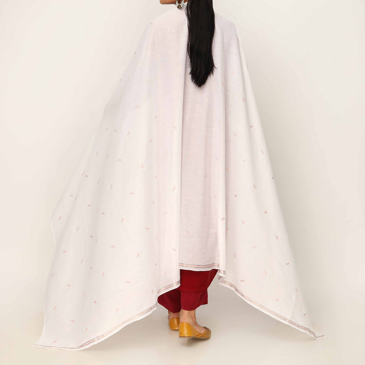 White Embroidered Cotton Dupatta PD5476