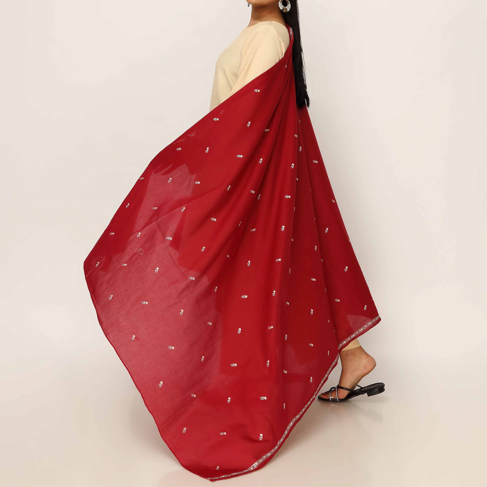 Red Embroidered Cotton Dupatta PD5476