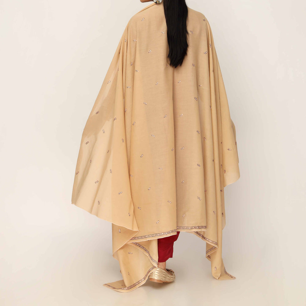 Beige Embroidered Cotton Dupatta PD5476