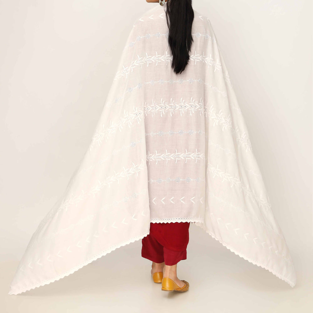 White Embroidered Cotton Dupatta PD5486