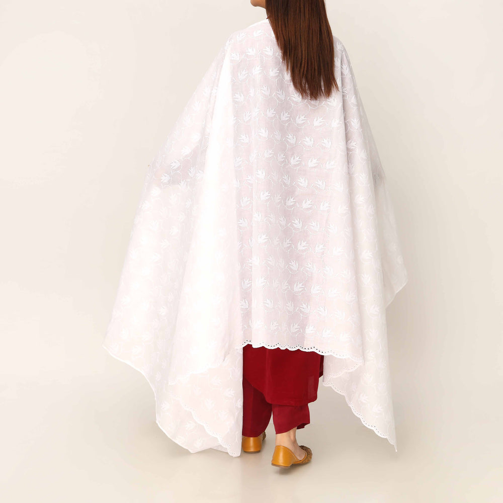 White Embroidered Cotton Dupatta PD5488