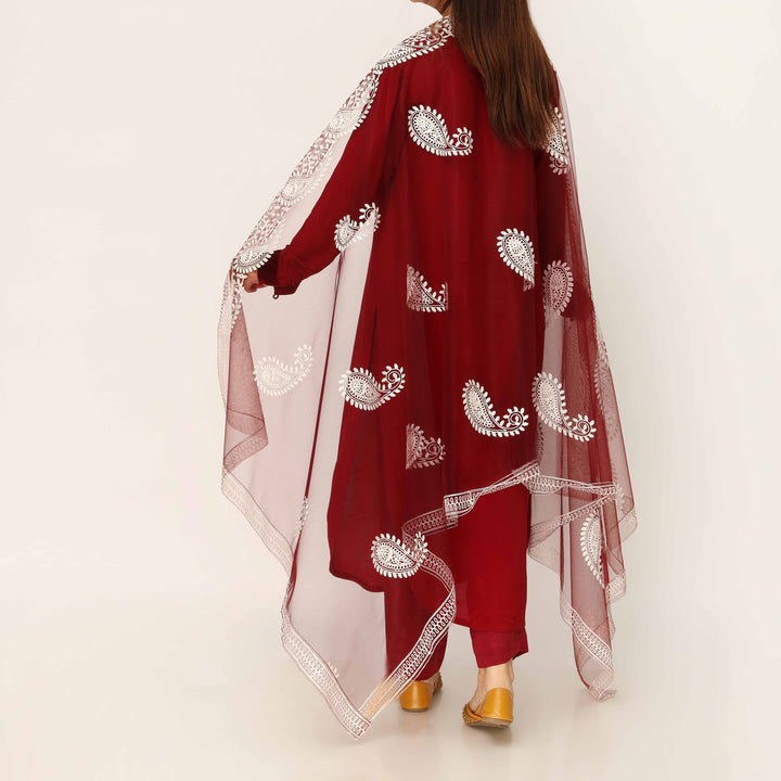 Red Embroidered Cotton Dupatta PD5491