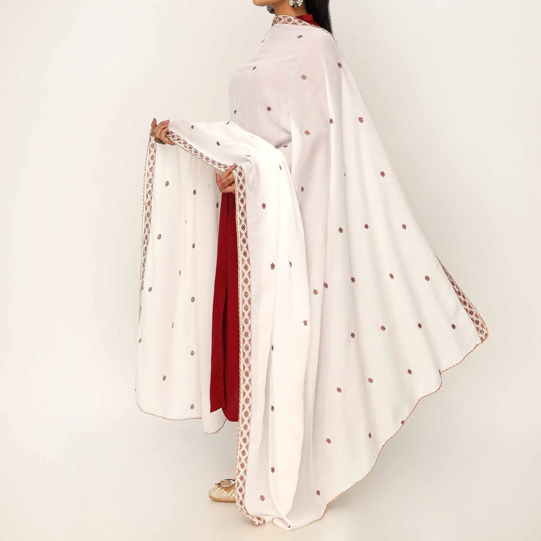 White Embroidered Cotton Dupatta PD5493