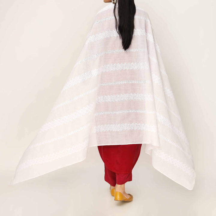 White Embroidered Cotton Dupatta PD5496