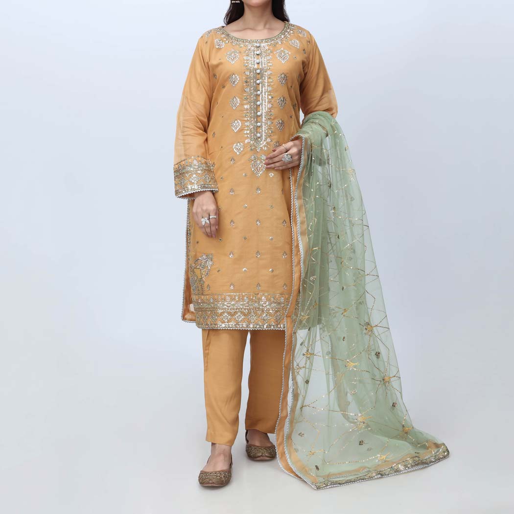 Mustard 3PC- Embellished Organza Suit PF3058