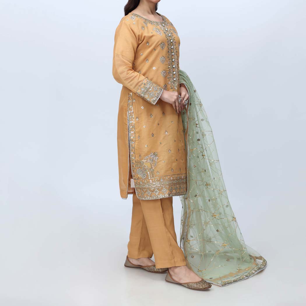 Mustard 3PC- Embellished Organza Suit PF3058