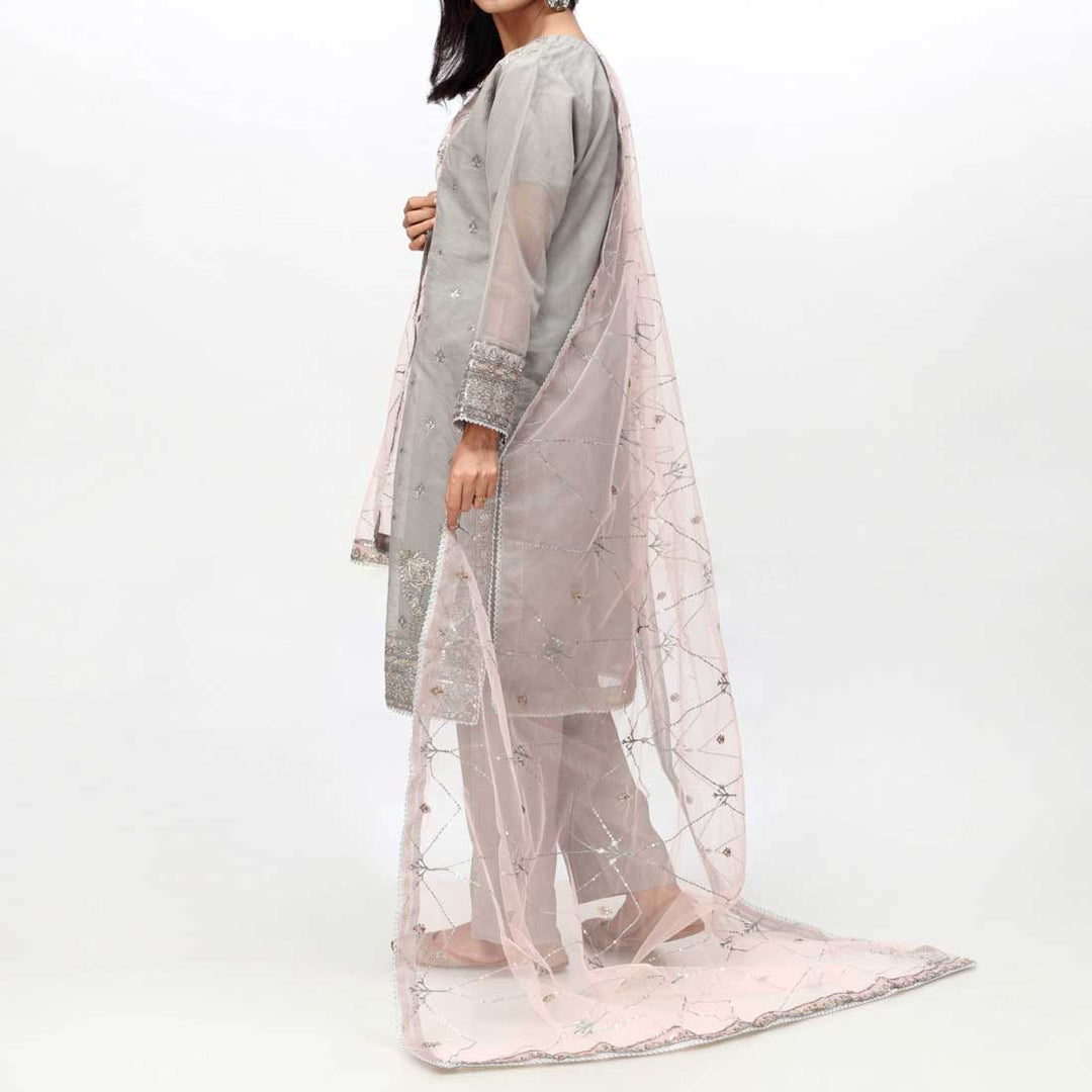 Grey 3PC- Embellished Cotton Net Suit PF3058