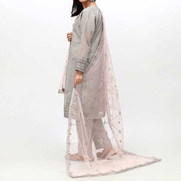 Grey 3PC- Embellished Cotton Net Suit PF3058