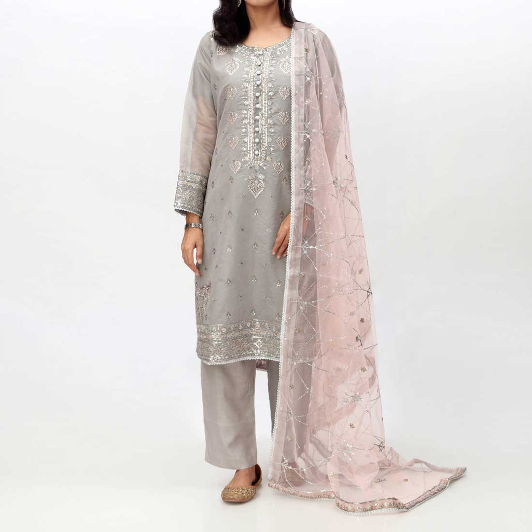Grey 3PC- Embellished Cotton Net Suit PF3058