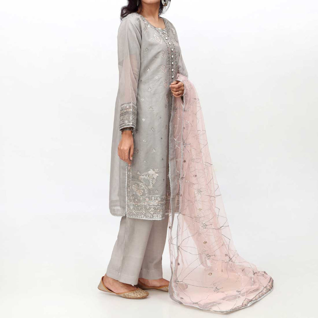 Grey 3PC- Embellished Cotton Net Suit PF3058