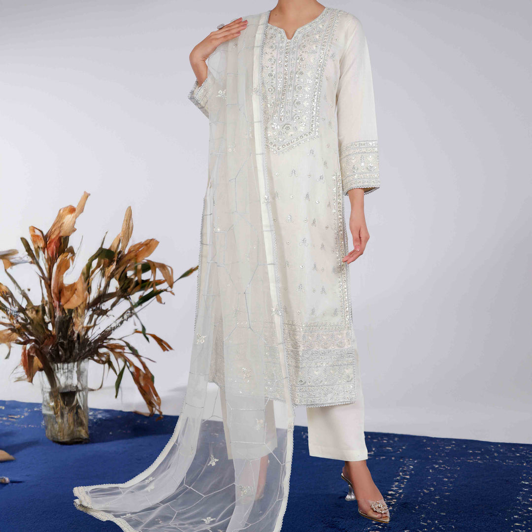 3PC- Embellished Khaddi Net Suit PF4003