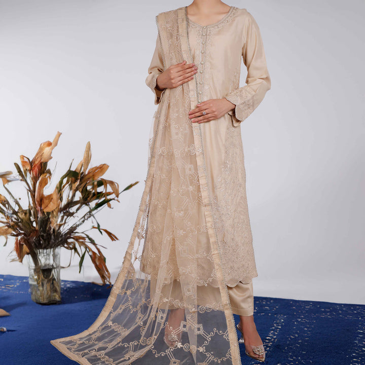 3PC- Embellished Khaddi Net Suit PF4011