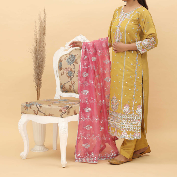 3PC- Embroidered Khadi Net Suit PF5025