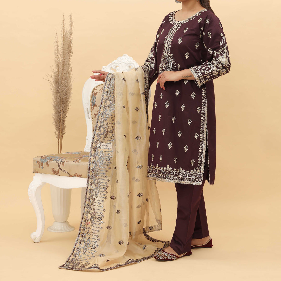 3PC- Embroidered Khadi Net Suit PF5026