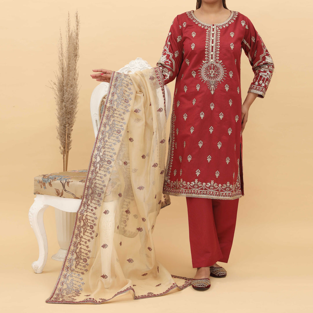 3PC- Embroidered Khadi Net Suit PF5029