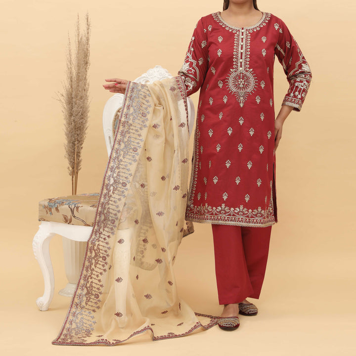 3PC- Embroidered Khadi Net Suit PF5029