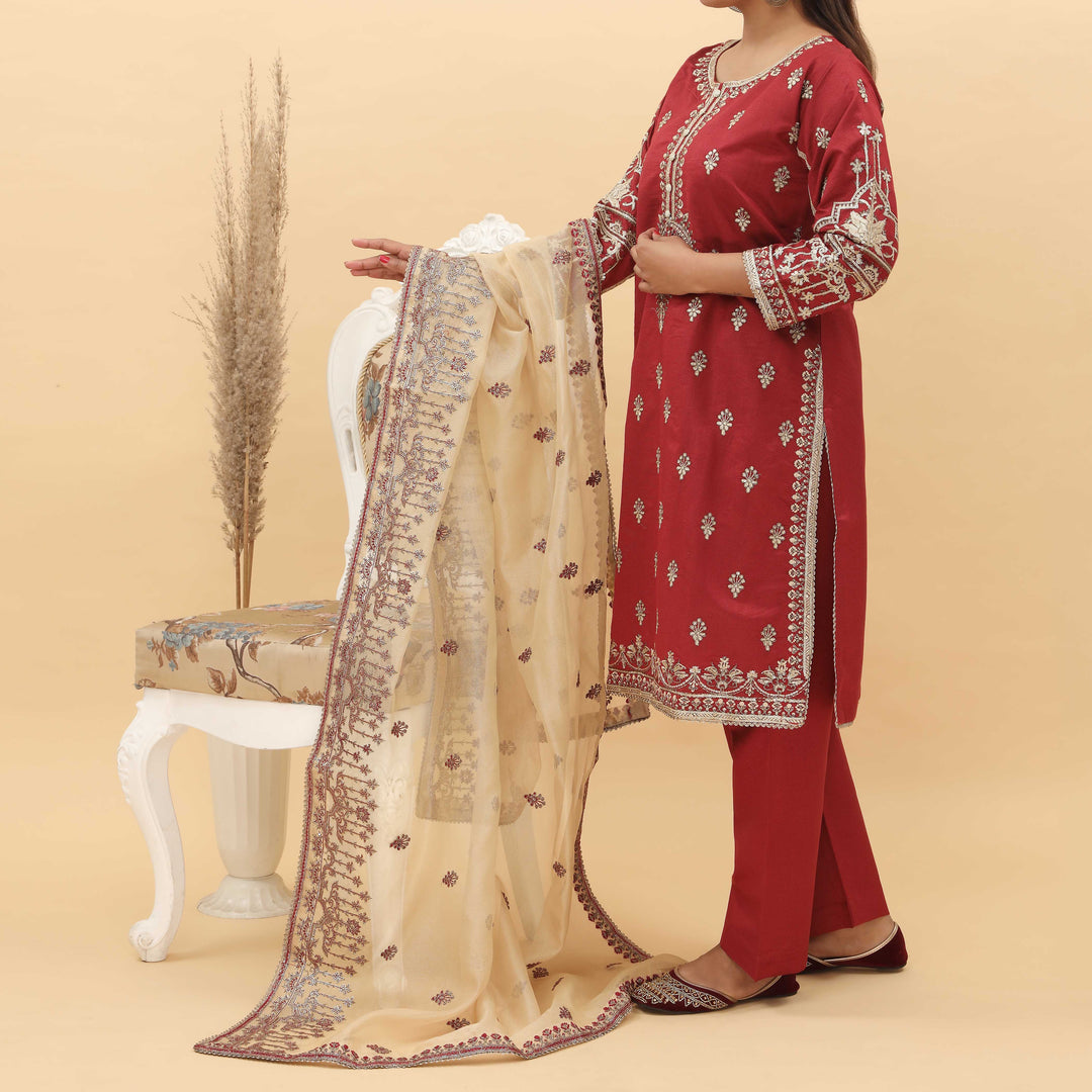 3PC- Embroidered Khadi Net Suit PF5029