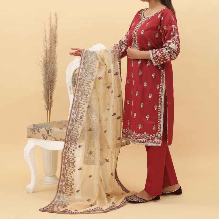 3PC- Embroidered Khadi Net Suit PF5029