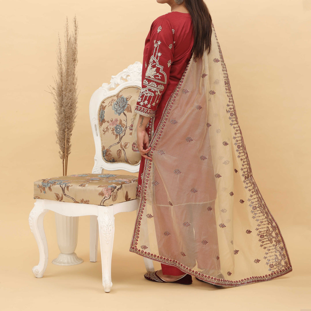 3PC- Embroidered Khadi Net Suit PF5029
