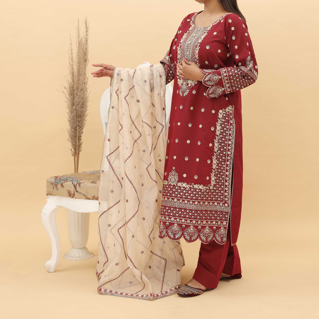 3PC- Embroidered Khadi Net Suit PF5038