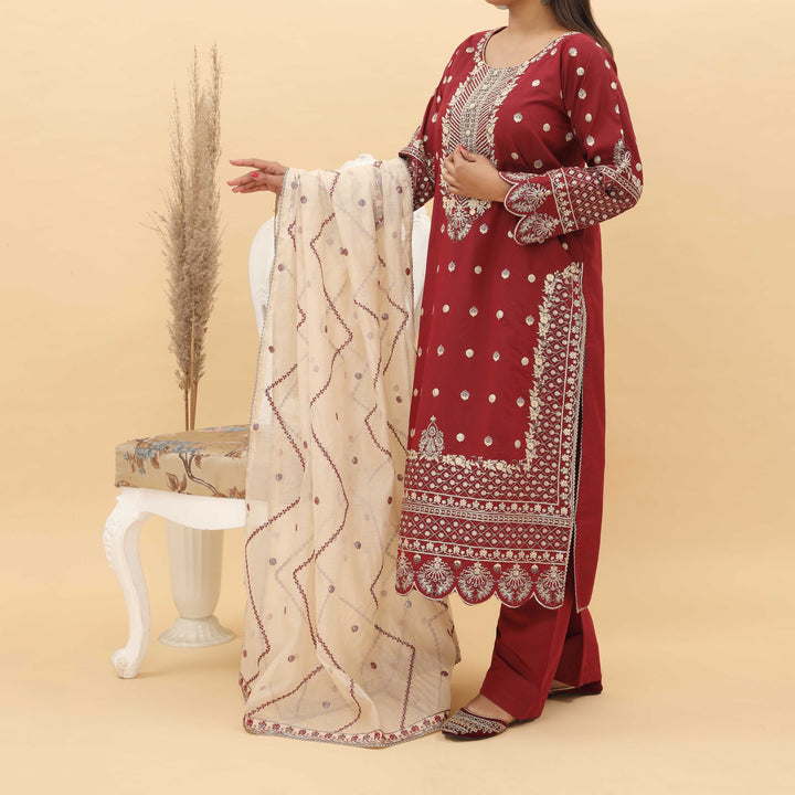 3PC- Embroidered Khadi Net Suit PF5038