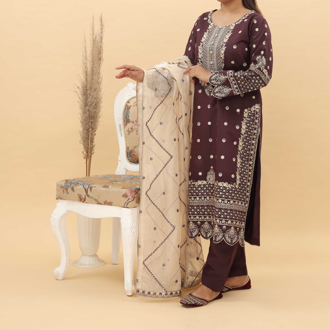 3PC- Embroidered Khadi Net Suit PF5040
