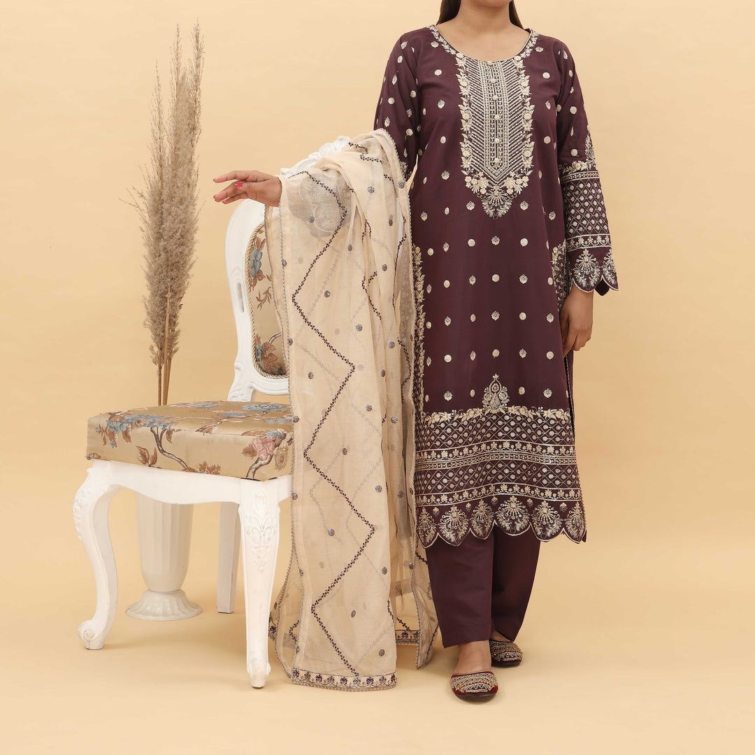 3PC- Embroidered Khadi Net Suit PF5040
