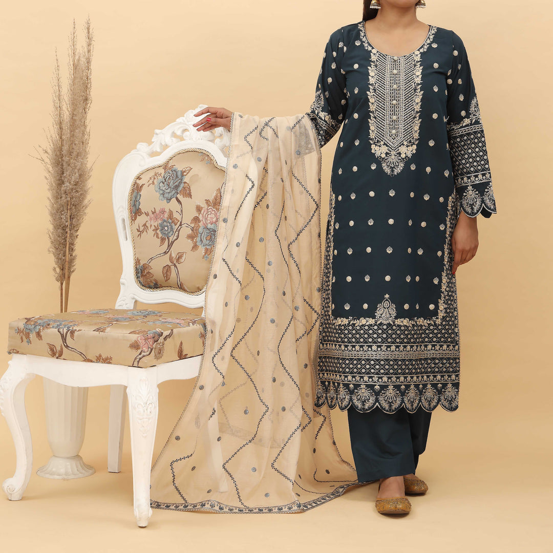 3PC- Embroidered Khadi Net Suit PF5041
