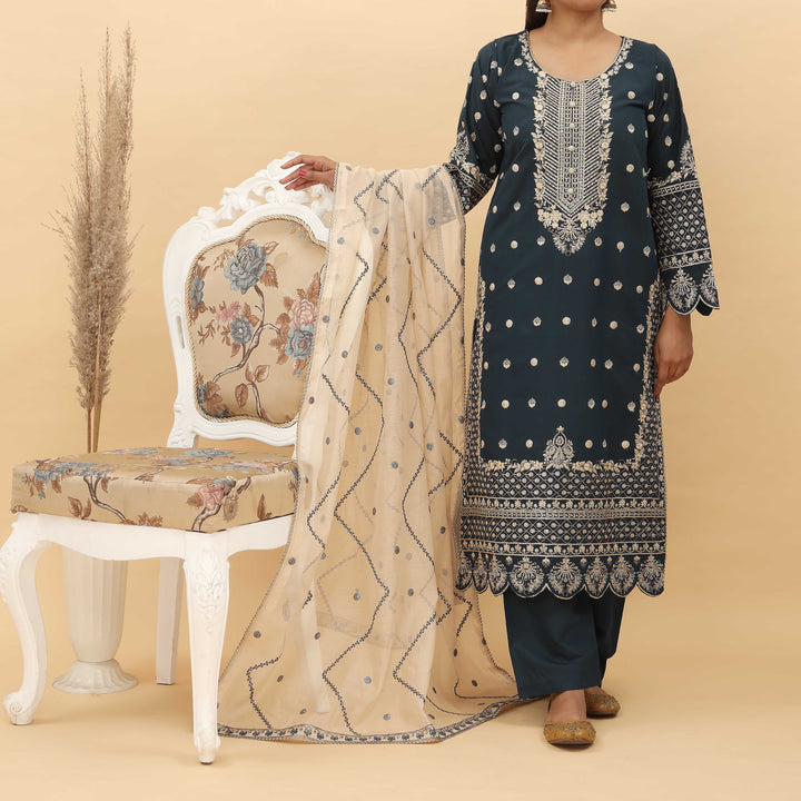 3PC- Embroidered Khadi Net Suit PF5041