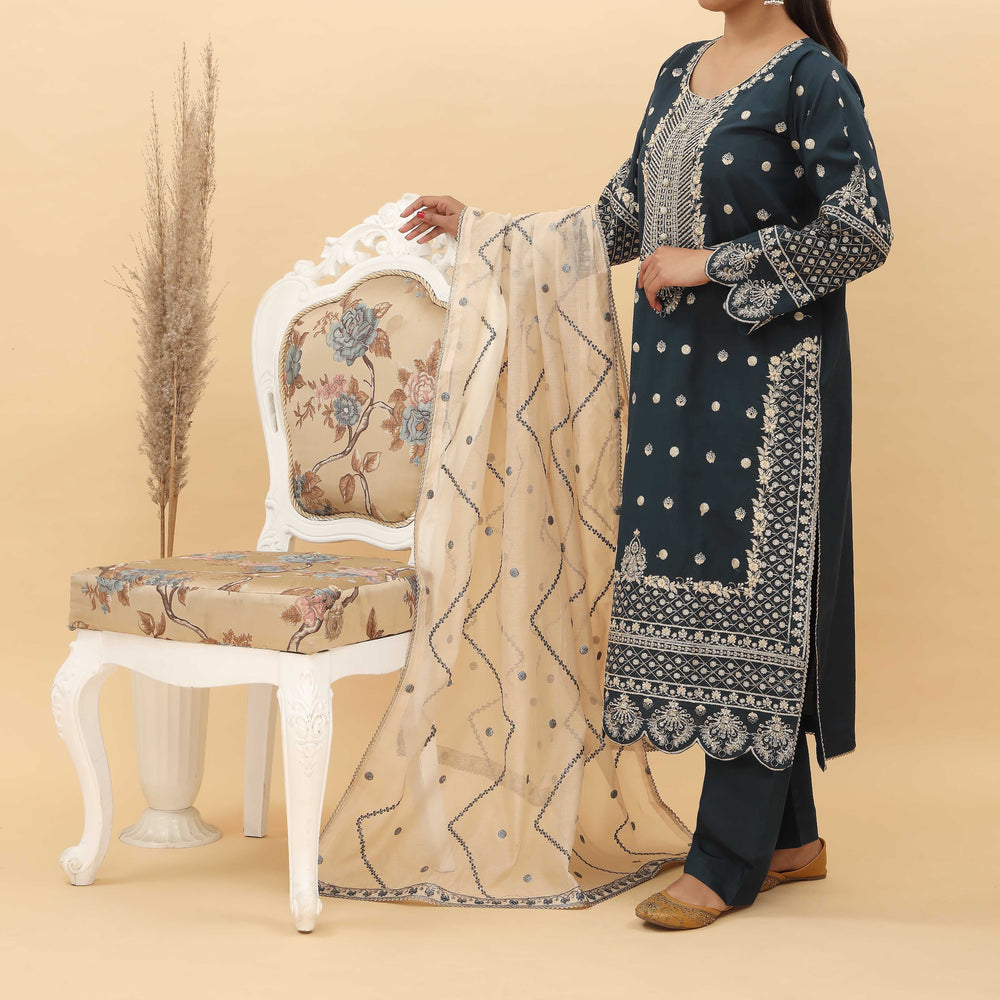 3PC- Embroidered Khadi Net Suit PF5041