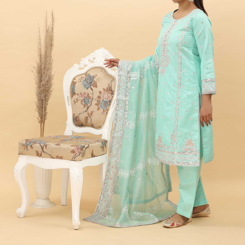 3PC- Embroidered Khadi Net Suit PF5058
