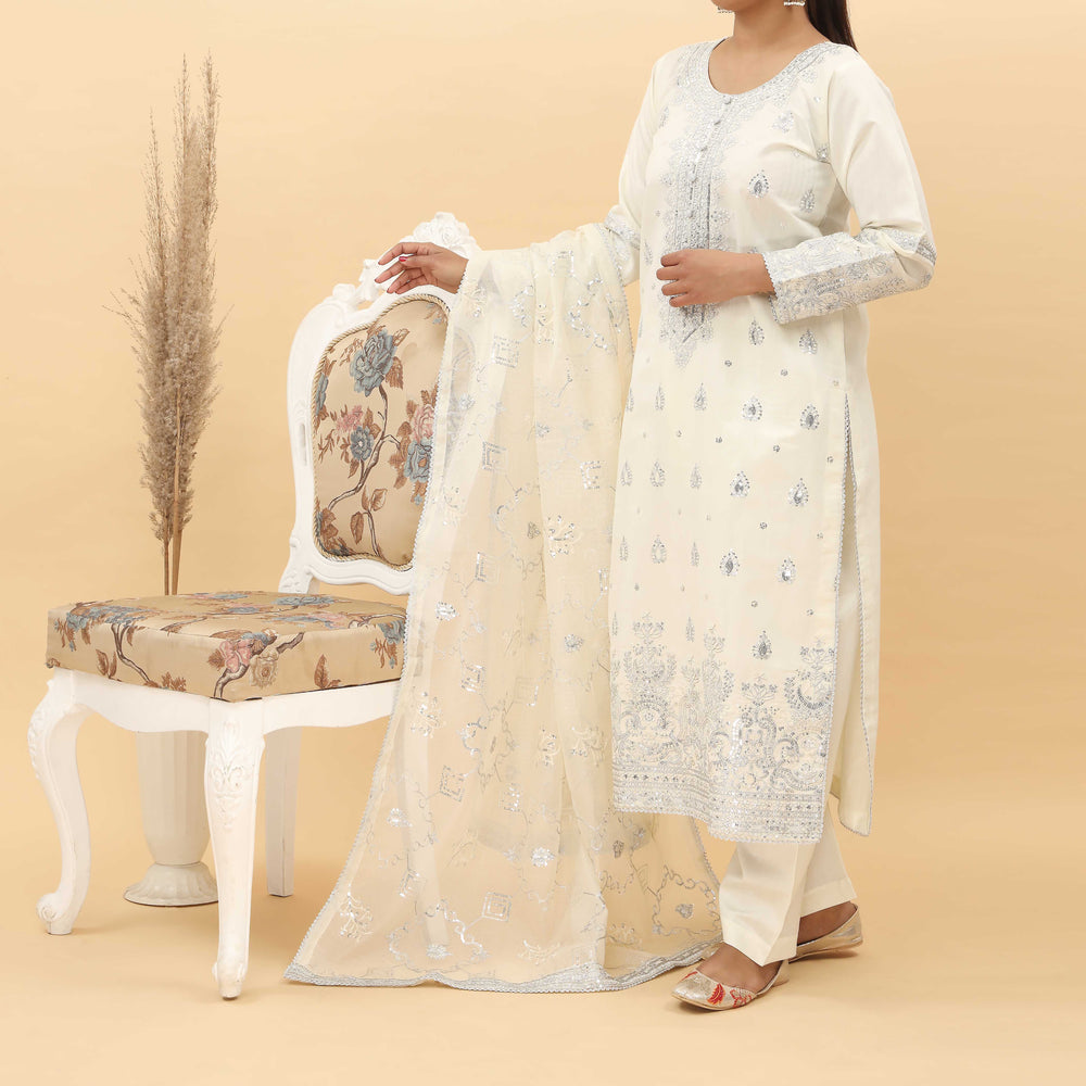 3PC- Embroidered Khadi Net Suit PF5075