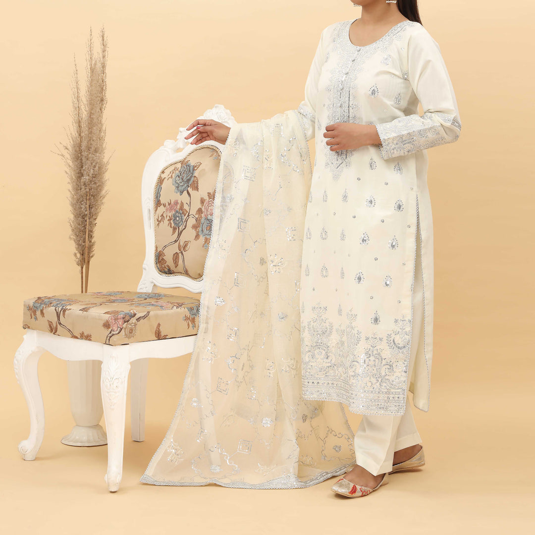 3PC- Embroidered Khadi Net Suit PF5075