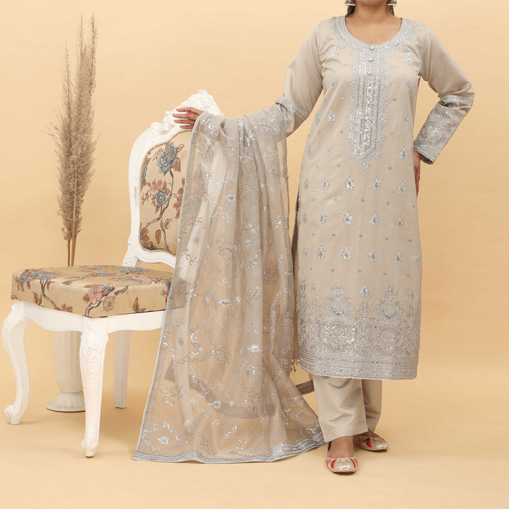 3PC- Embroidered Khadi Net Suit PF5076