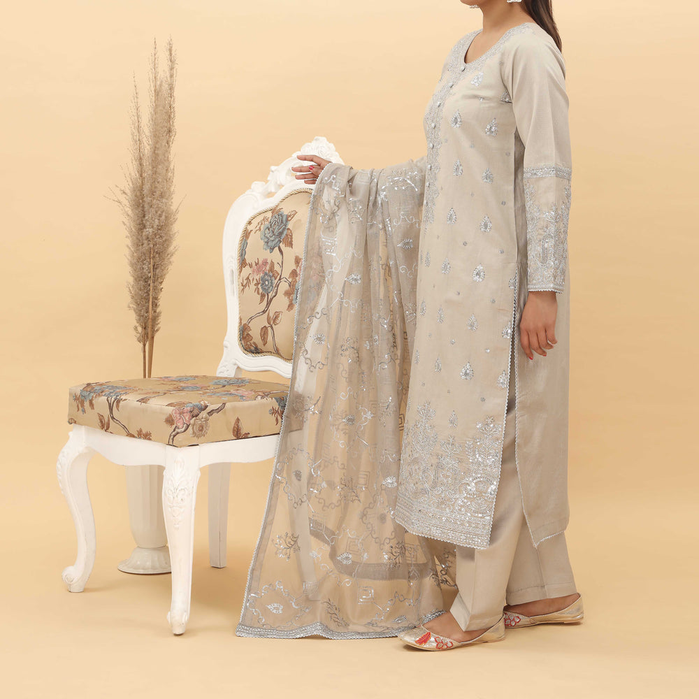 3PC- Embroidered Khadi Net Suit PF5076
