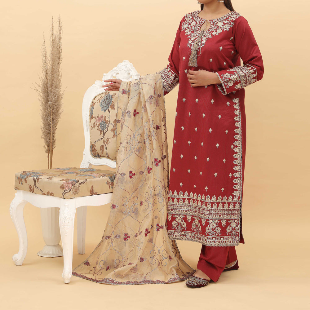 3PC- Embroidered Khadi Net Suit PF5092