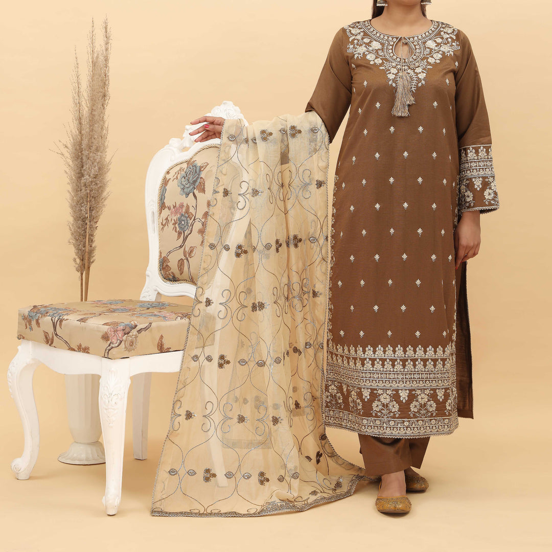 3PC- Embroidered Khadi Net Suit PF5094
