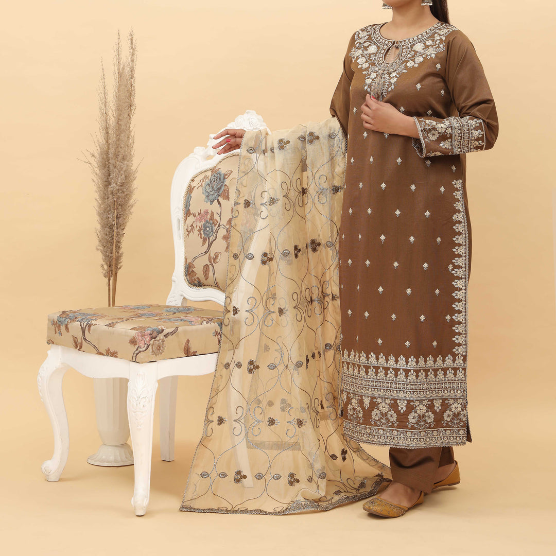 3PC- Embroidered Khadi Net Suit PF5094