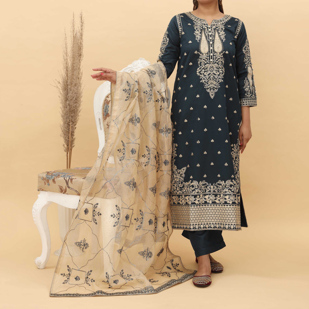3PC- Embroidered Khadi Net Suit PF5095