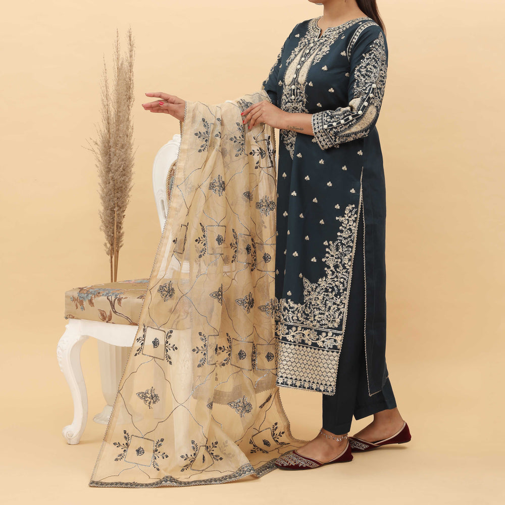 3PC- Embroidered Khadi Net Suit PF5095