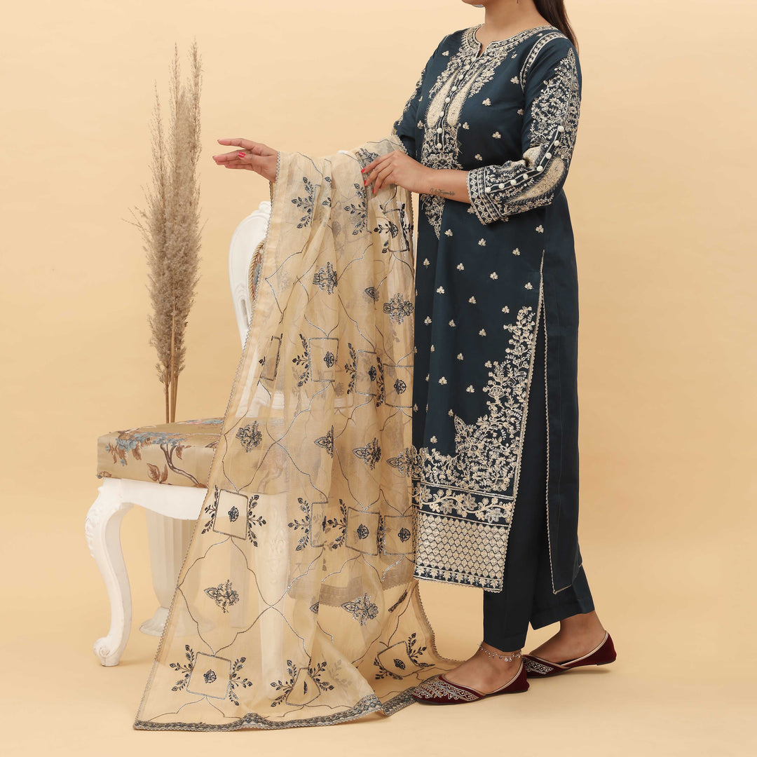 3PC- Embroidered Khadi Net Suit PF5095