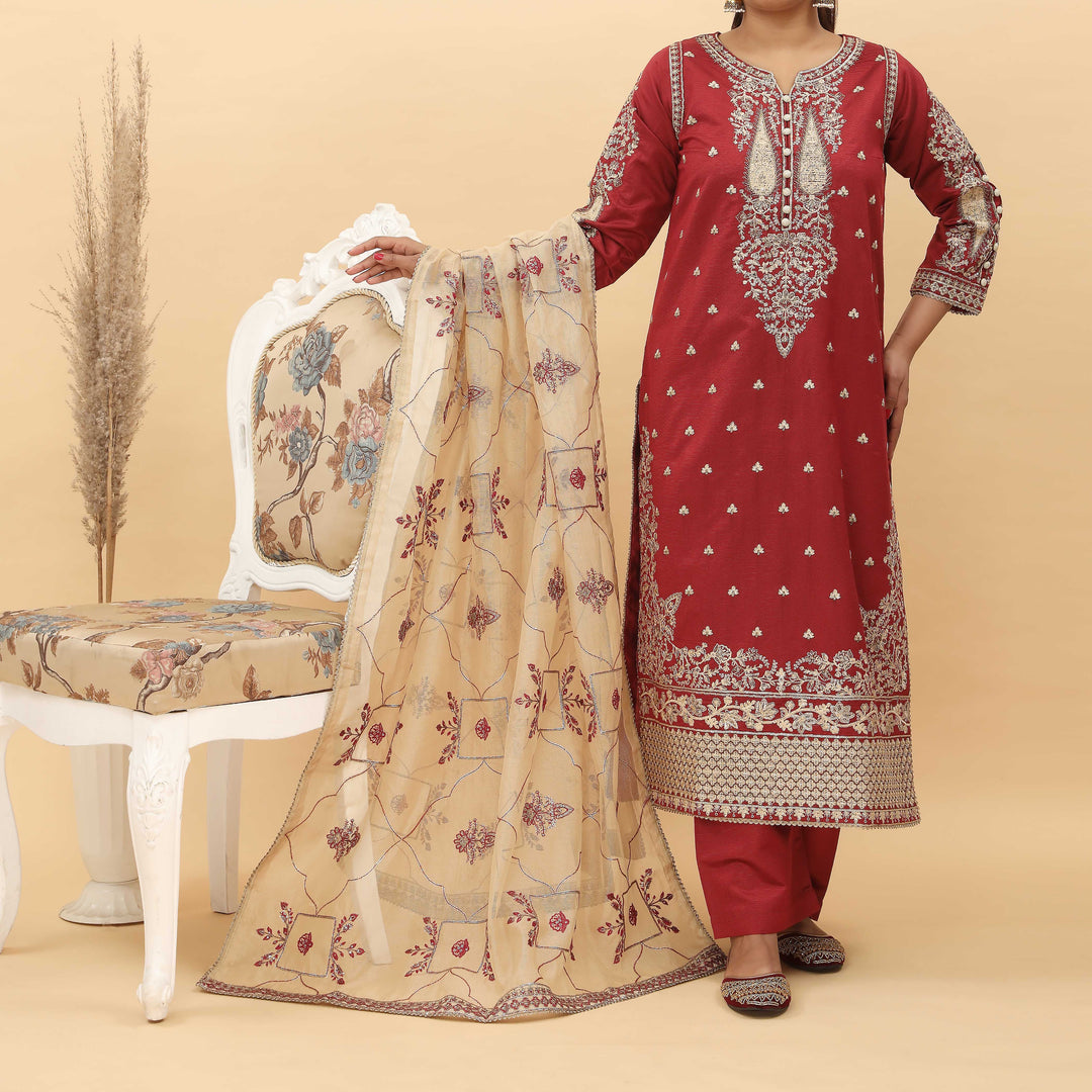 3PC- Embroidered Khadi Net Suit PF5096