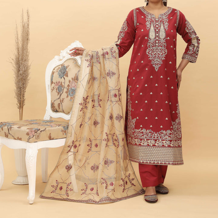 3PC- Embroidered Khadi Net Suit PF5096