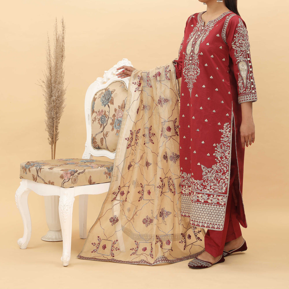 3PC- Embroidered Khadi Net Suit PF5096