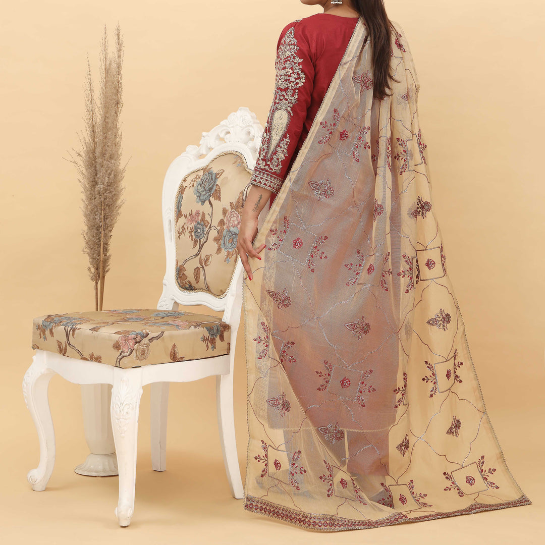 3PC- Embroidered Khadi Net Suit PF5096