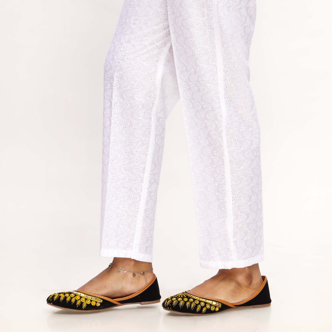 White Striaght Fit Chikan Embellsihed Trouser PL4054