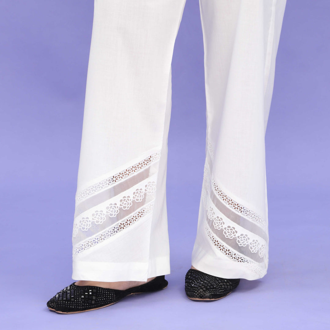 White Striaght Fit Embellished Cambric Trouser PL4085