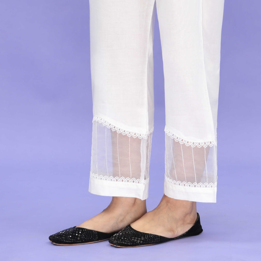 White Striaght Fit Embellished Cambric Trouser PL4089