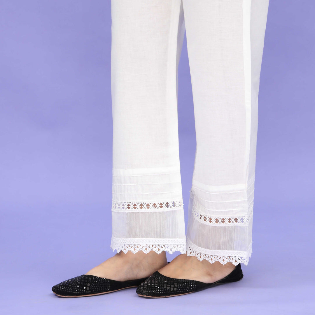 White Striaght Fit Embellished Cambric Trouser PL4097